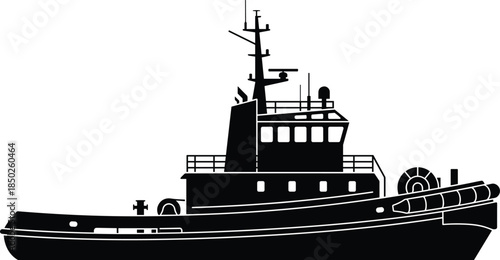 Tugboat ship silhouette CAD drawing flat vector illustration for marine transport harbor industry nautical logo stock