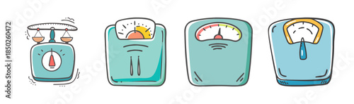 Group of four hand-drawn weight scales and balance scales icons