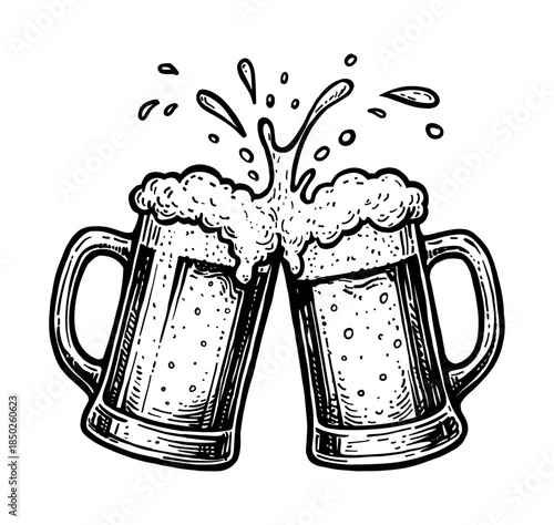 Vector icon illustration. Hand drawn beer mugs with foam splashing. Isolated on white background.