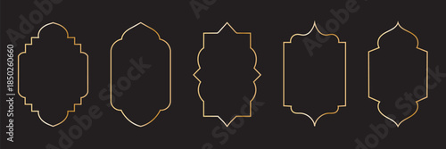 Old traditional islamic window shape set in oriental style. Black silhouette eid mubarak decorative frames, mosque borders, ramadan gates or arches. Arabic muslim bagdes, architecture design elements
