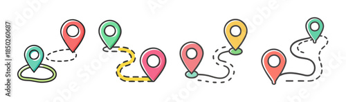Map route and location pin icons illustrating travel and navigation.