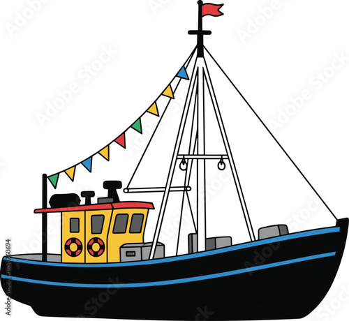 Colorful Cartoon Illustration of a Black Fishing Trawler Boat with Decorative Bunting Flags and Lifebuoys Isolated on White Background Vector