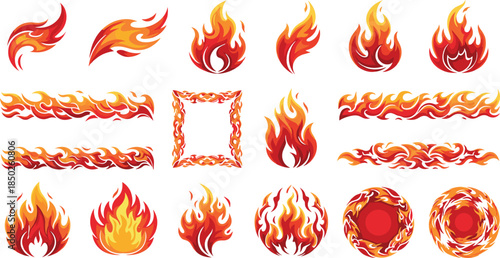 Stylized Flame Element Set with Borders, Frames, and Motifs in Red, Orange, and Yellow for Graphic Design