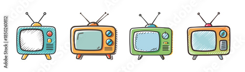 Four colorful retro television set icons with antennas and screens
