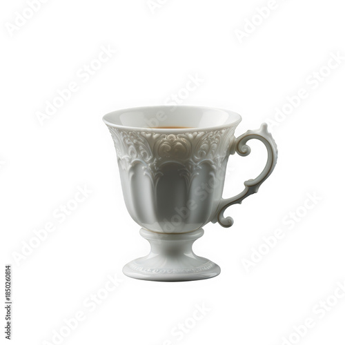 Ornate white ceramic teacup with floral design on transparent background