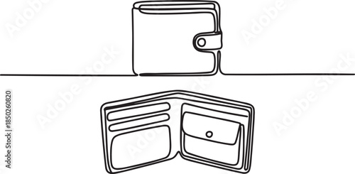 Continuous line drawing of a closed and open wallet, representing finance and personal belongings