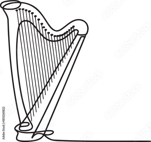 Continuous line drawing of a celtic harp musical instrument, a symbol of music and ireland