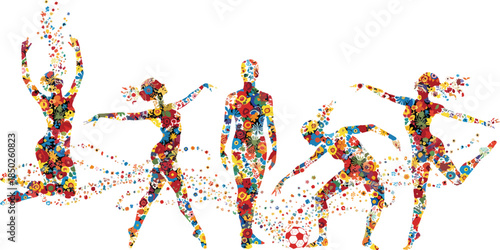 Artistic Human Silhouettes in Active Poses Filled with Colorful Floral Spring Pattern and Floating Petals Isolated on White Background Vector