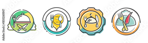 Restaurant and food service logo icons with plates and cutlery