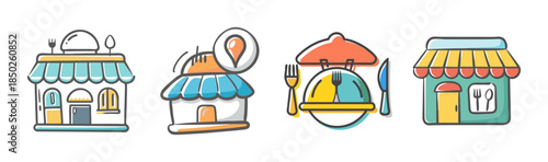 Set of charming cartoon restaurant building icons with awnings and signage.