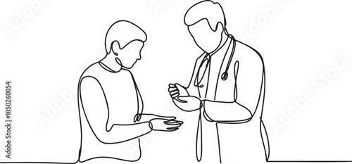 Continuous line drawing of a doctor consulting with a patient, symbolizing medical care, communication, and professional assistance