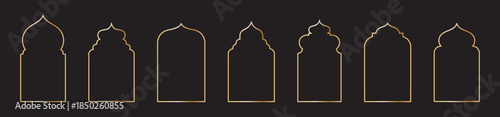 Old traditional islamic window shape set in oriental style. Black silhouette eid mubarak decorative frames, mosque borders, ramadan gates or arches. Arabic muslim bagdes, architecture design elements