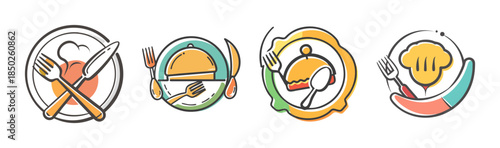 Collection of stylized restaurant and food icons, including plates, cutlery, and chef hats.