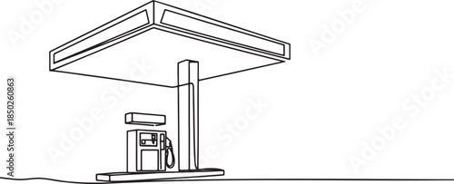 Continuous line drawing of a gas station with fuel pumps and canopy on a transparent checkered background