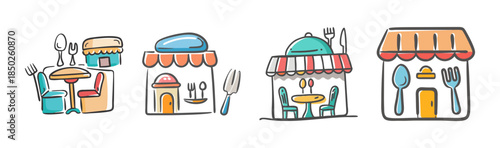 Assortment of cute restaurant building icons with outdoor seating and dining elements.