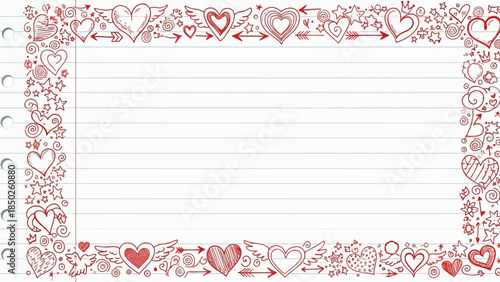 Valentine's Day themed lined paper with heart border design