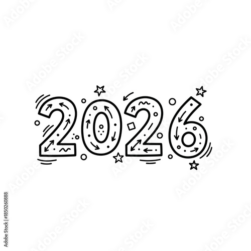 Hand drawn illustration of the year 2026 with decorative elements.