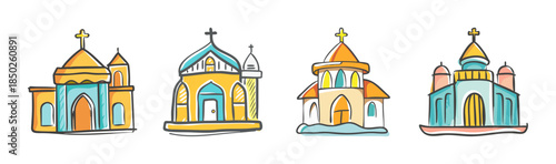 Collection of diverse religious building icons in a charming, hand-drawn style.