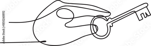 Continuous line drawing of a hand holding a key with a keyring, symbolizing access or ownership