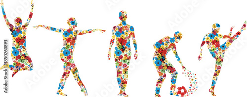 Artistic Silhouettes of People in Active Poses Filled With Colorful Floral Spring Pattern Isolated on White Background for Creative Design