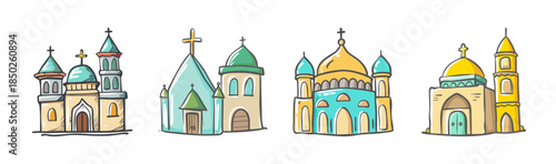 Set of varied religious architecture icons with colorful, hand-drawn charm.