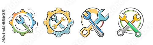 Repair and maintenance icons featuring wrenches and gears in pastel colors