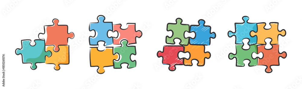 Fototapeta premium Four sets of colorful hand-drawn jigsaw puzzle pieces connecting together.