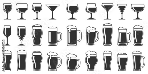 Assortment of wine and beer glasses in silhouette on white background wine glass cocktail glass