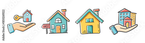 Real estate icons: hand with house, key, home for sale sign, apartment buildings