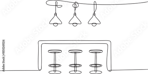 Continuous line drawing of a kitchen counter with stools and hanging lamps