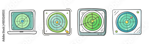 Set of four hand-drawn radar screen icons with green concentric circles and targets.