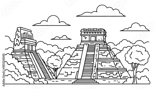 Ancient mayan pyramid temple with jungle trees and clouds in black and white outline style