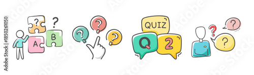 Hand drawn quiz and question mark icons with people and puzzle pieces