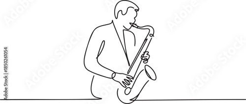 Continuous line drawing of a man playing a saxophone, creating an elegant and artistic musical performance