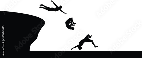 Black Silhouette of Man Performing Extreme Cliff Jumping and Acrobatic Flips into Water Isolated on White Background for Sports Design