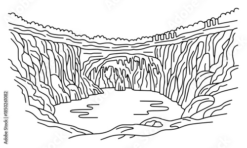 Natural limestone sinkhole or cenote with underground water pool and rocky walls vector outline