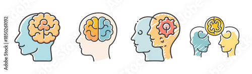 Hand-drawn icons depicting human heads and brains, representing psychology.