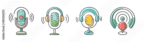 Colorful collection of hand-drawn podcast and audio icons with sound waves for media projects