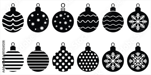 Black Christmas Baubles With Various Festive Patterns And Designs Keywords: christmas, bauble, ornament, decoration, festive