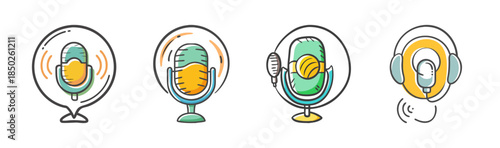 Creative podcast and audio recording icons set with microphones and sound waves