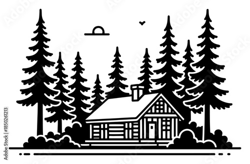 Wooden log cabin hidden in deep pine forest woods