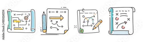 Hand-drawn icons illustrating various aspects of business strategy, planning, and goal setting