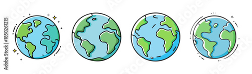 Cartoon earth globes collection showcasing various hand-drawn styles of our planet