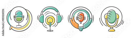 Creative line icons for podcasting, audio recording, and digital voice communication