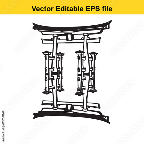  a black and white illustration of a traditional japanese torii gate isolated on white background
