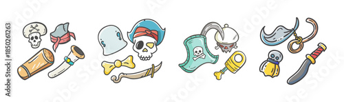Collection of fun cartoon pirate adventure elements and objects on a white background