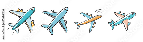 Collection of diverse cartoon airplanes illustrating various flight positions and styles for travel and aviation themes