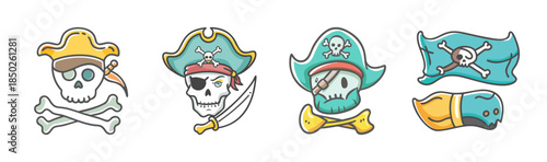 Cute hand-drawn pirate skulls and crossbones with various accessories for a playful theme