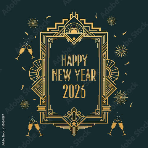 Happy New Year 2026 Art Deco Celebration Design.