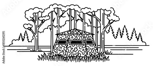 Outline drawing of a camouflage hunting blind hidden in nature